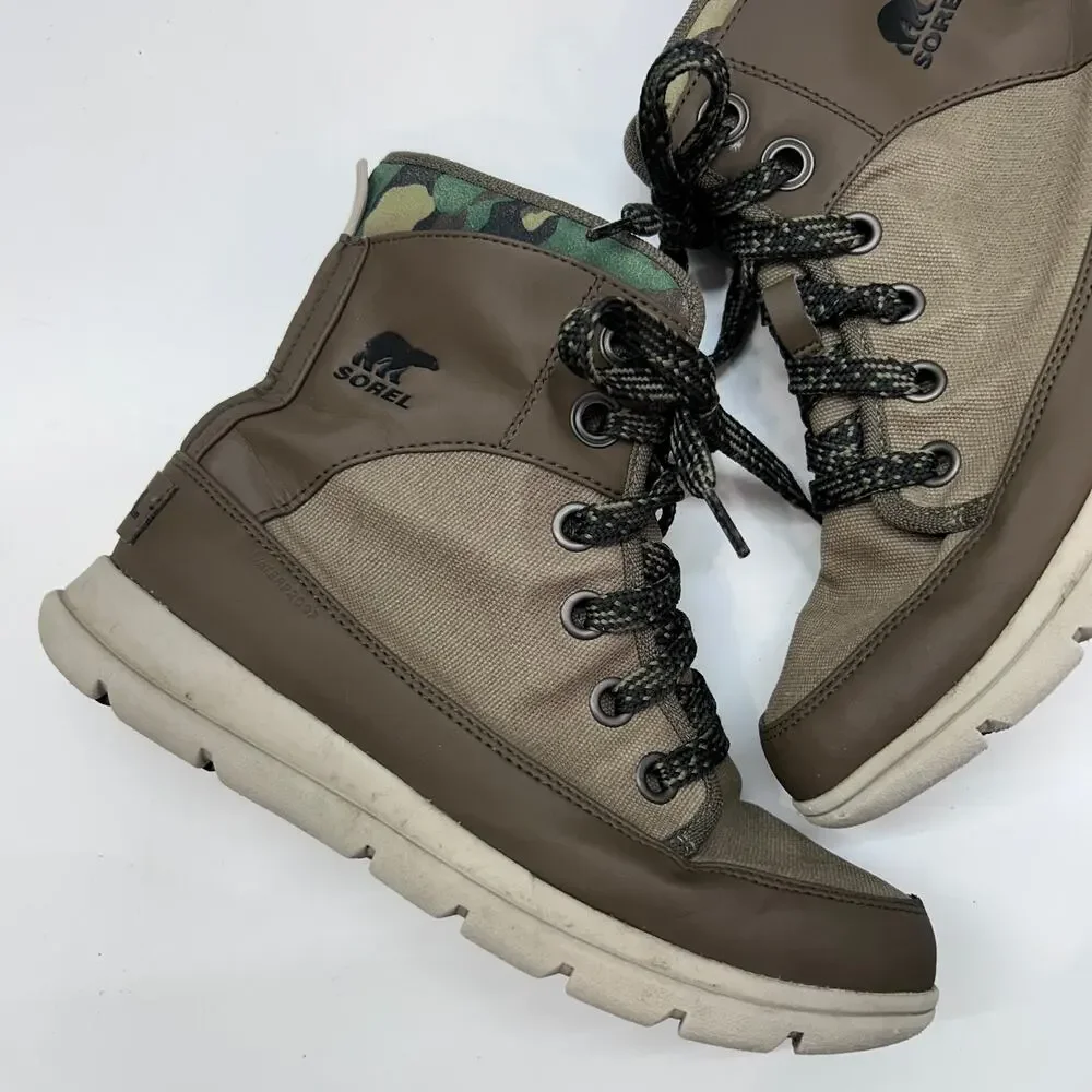 Sorel Explorer 1964 Boot 7.5 Beige Brown Green Camo Lace Up Ankle Bootie Winter